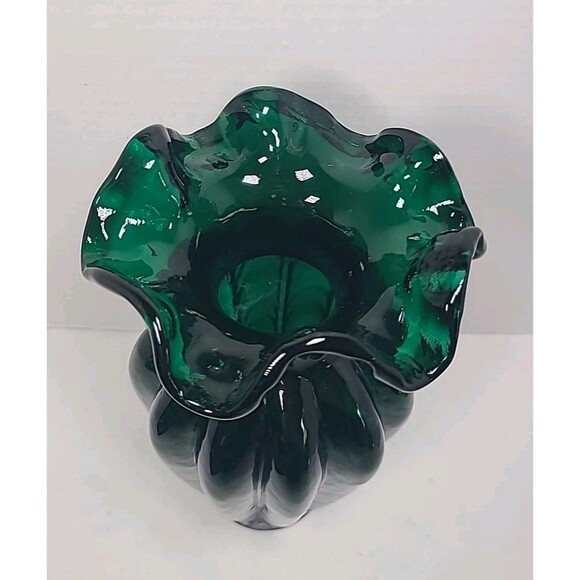Vintage Emerald Green Swirl Ruffle Glass Vase Spiral Ruffled 10" - Picture 5 of 8